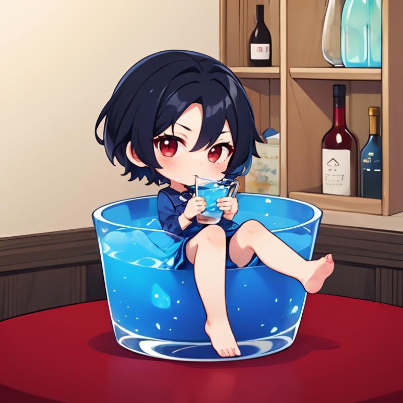 395899-3978277054-chibi,in container, 1girl, solo,short hair,red eyes,blue skirt,black hair,full body, sitting ,(drinking glass_1.2),in drinking g.png